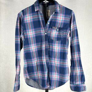 Hollister XS Blue Plaid Button Up Shirt Long Sleeve Cotton High Low Casual Top
